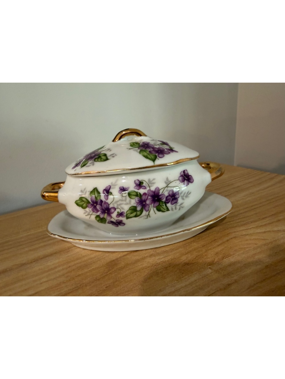 Vintage Porcelain Sugar Dish with Purple Floral Design and Gold Trim